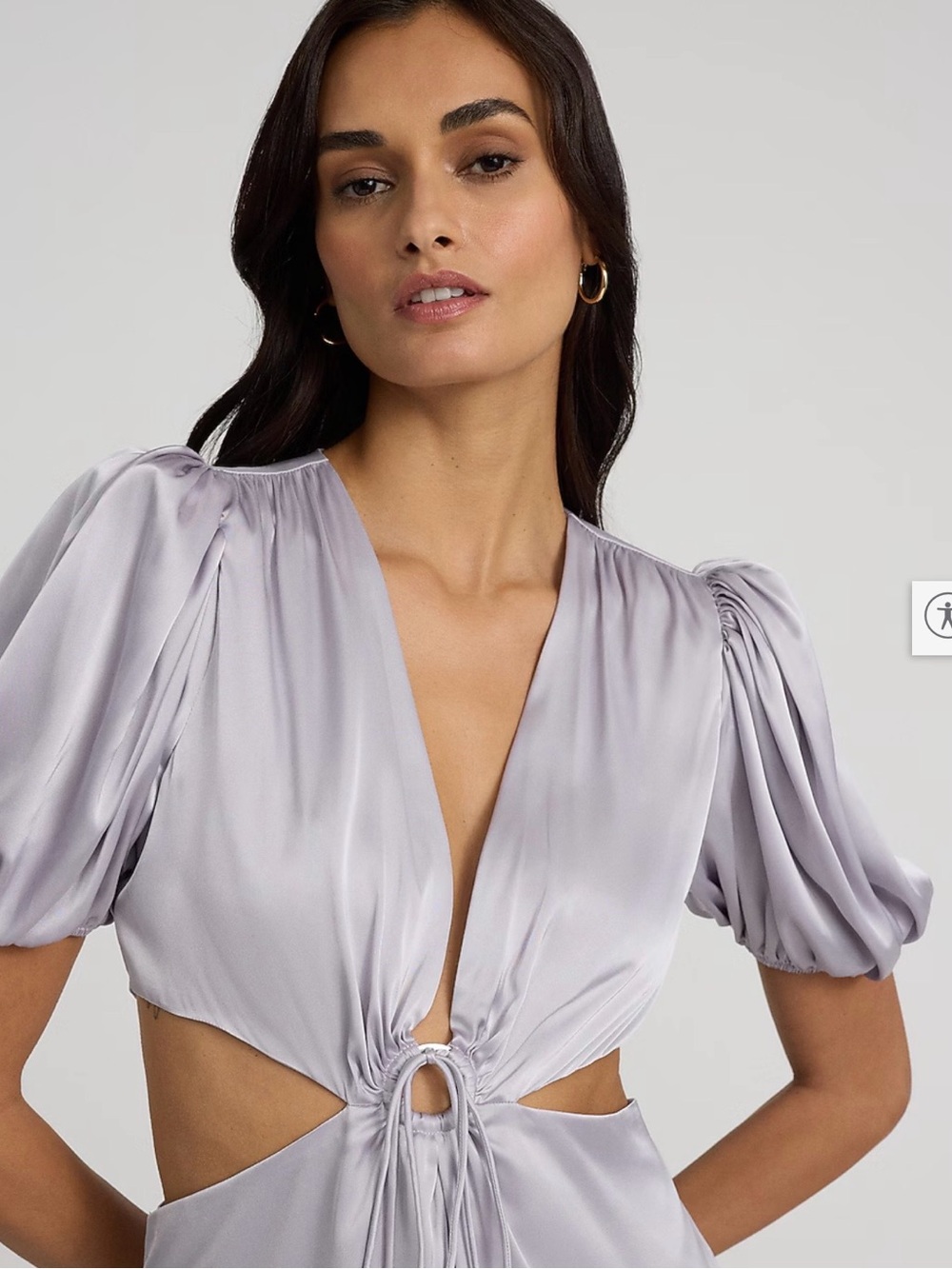 Satin V-Neck Puff Sleeve Tie Front Cutout Maxi Dress - Picture 3 of 6